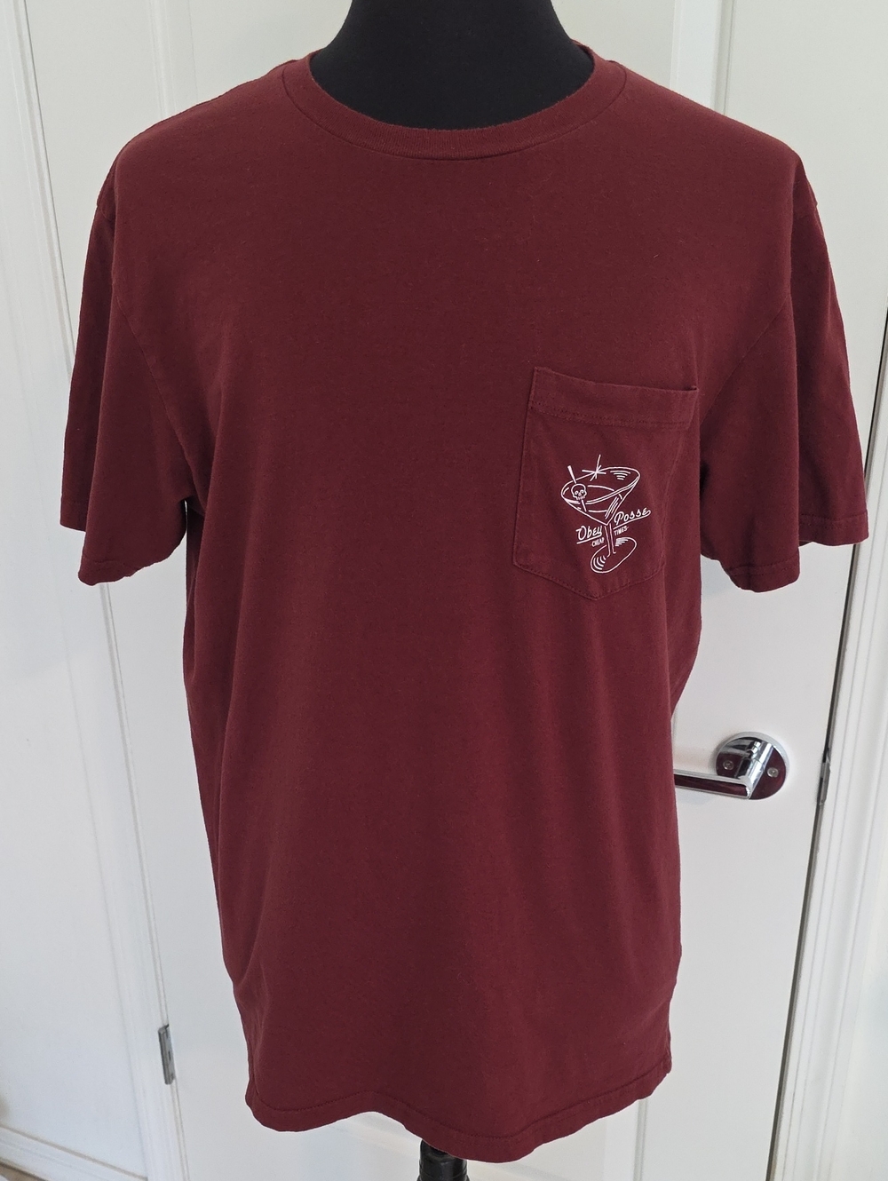 Obey Men's Maroon Short Sleeve Pocket Tee with Cocktail Graphics